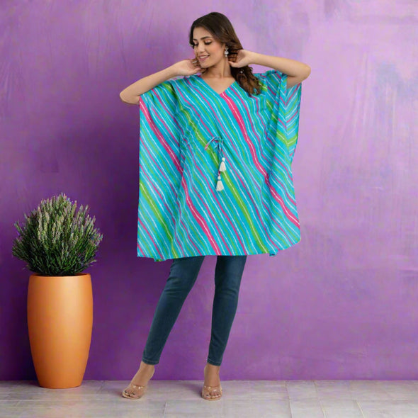 Light Blue Leheriya Print Cotton Kaftan Dress (SHKUP1229)