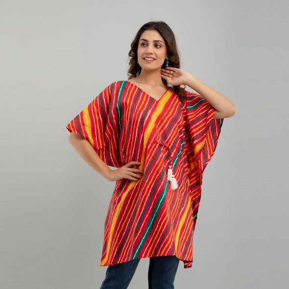 Red Leheriya Print Cotton Kaftan Dress (SHKUP1230)