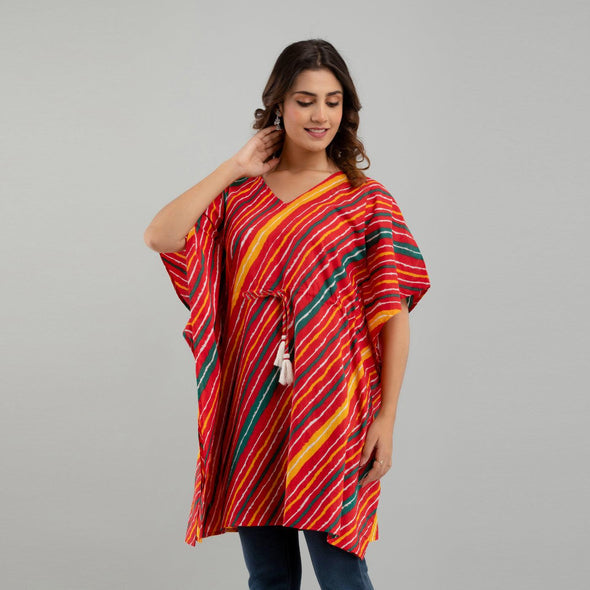 Red Leheriya Print Cotton Kaftan Dress (SHKUP1230)