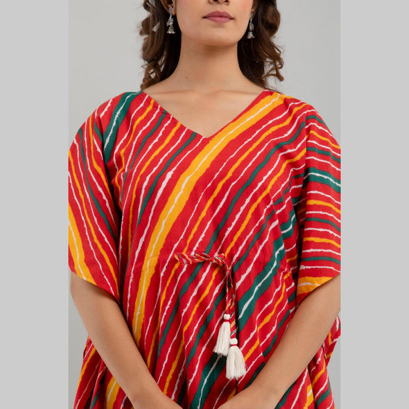 Red Leheriya Print Cotton Kaftan Dress (SHKUP1230) - Frionkandy