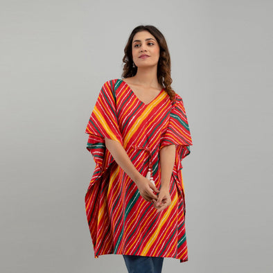 Red Leheriya Print Cotton Kaftan Dress (SHKUP1230) - Frionkandy