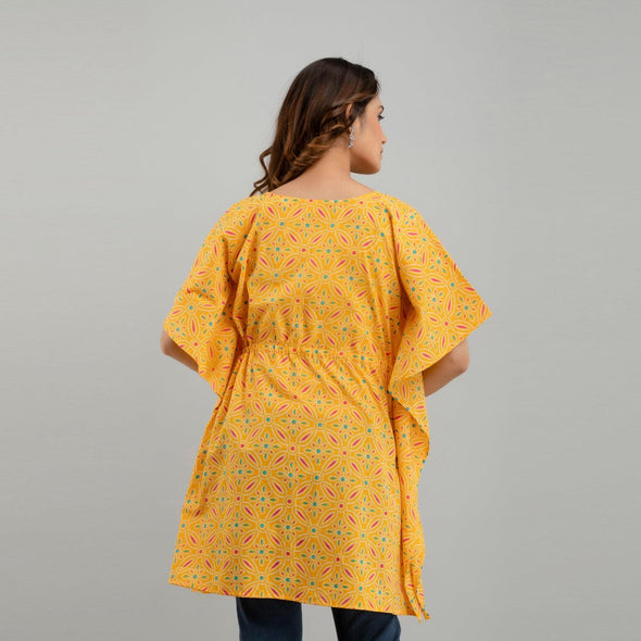 Yellow Bandhani Print Cotton Kaftan Dress (SHKUP1231)
