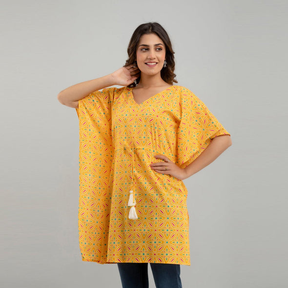 Yellow Bandhani Print Cotton Kaftan Dress (SHKUP1231)