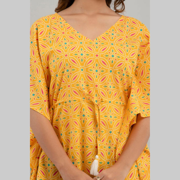 Yellow Bandhani Print Cotton Kaftan Dress (SHKUP1231) - Frionkandy