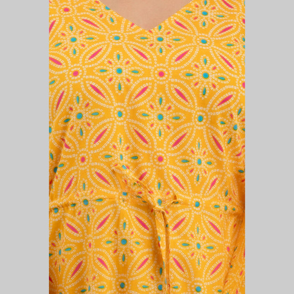 Yellow Bandhani Print Cotton Kaftan Dress (SHKUP1231)