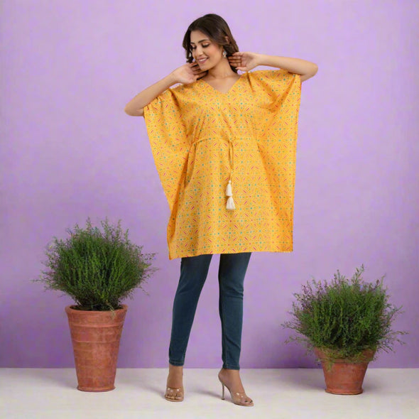 Yellow Bandhani Print Cotton Kaftan Dress (SHKUP1231)