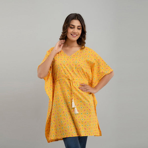 Yellow Bandhani Print Cotton Kaftan Dress (SHKUP1231)