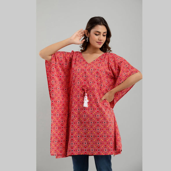 Pink Bandhani Print Cotton Kaftan Dress (SHKUP1232)