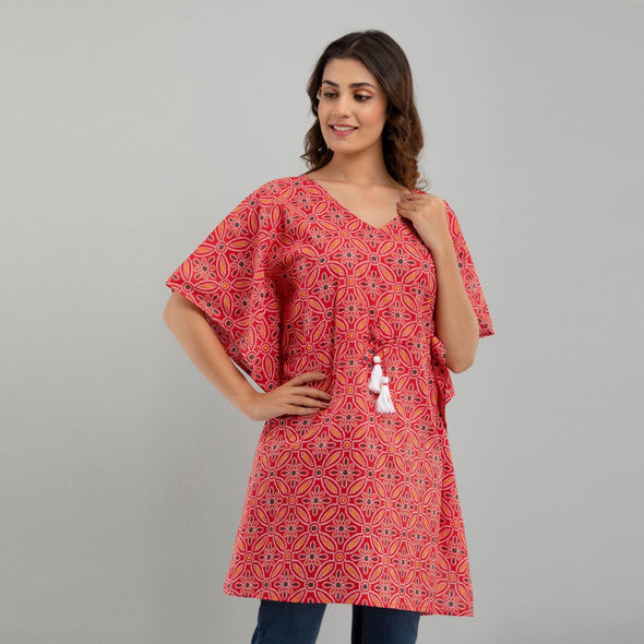 Pink Bandhani Print Cotton Kaftan Dress (SHKUP1232)