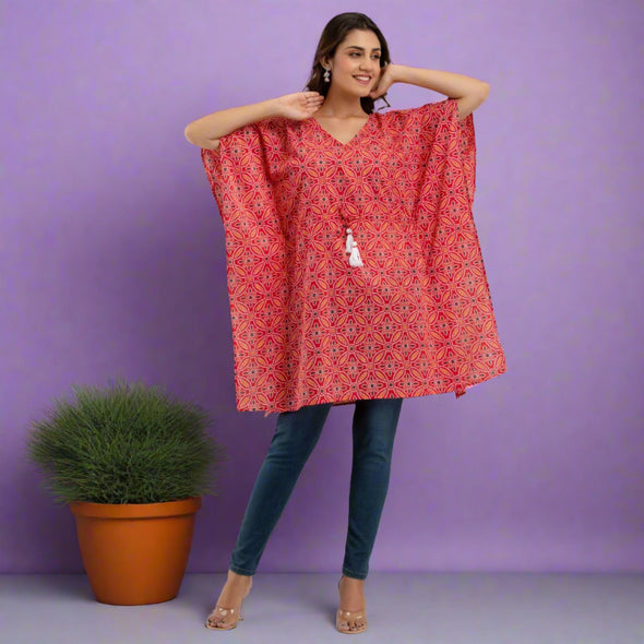 Pink Bandhani Print Cotton Kaftan Dress (SHKUP1232)