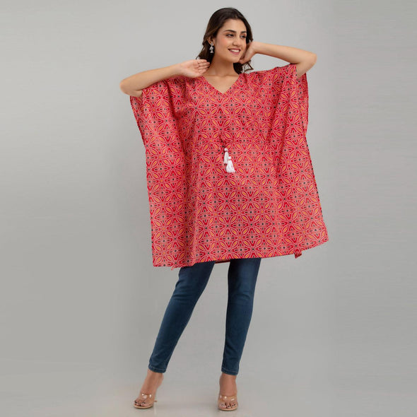 Pink Bandhani Print Cotton Kaftan Dress (SHKUP1232) - Frionkandy