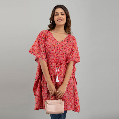 Pink Bandhani Print Cotton Kaftan Dress (SHKUP1232) - Frionkandy