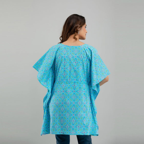 Light Blue Bandhani Print Cotton Kaftan Dress (SHKUP1233)