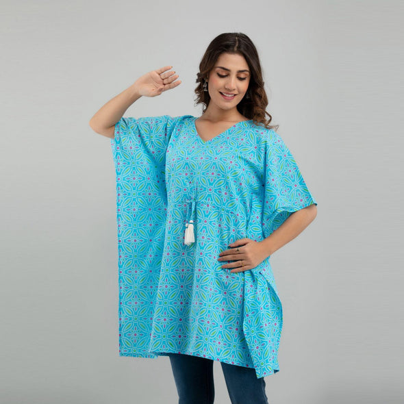 Light Blue Bandhani Print Cotton Kaftan Dress (SHKUP1233)