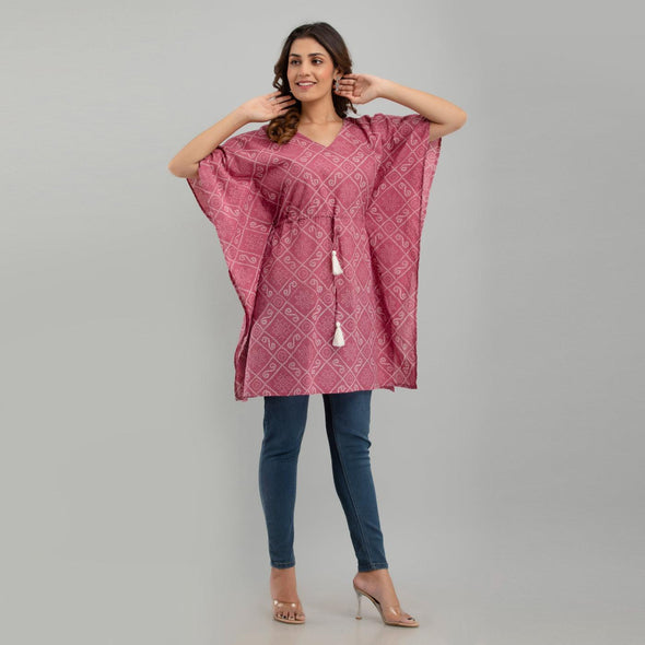 Purple Bandhani Print Cotton Kaftan Dress (SHKUP1234)