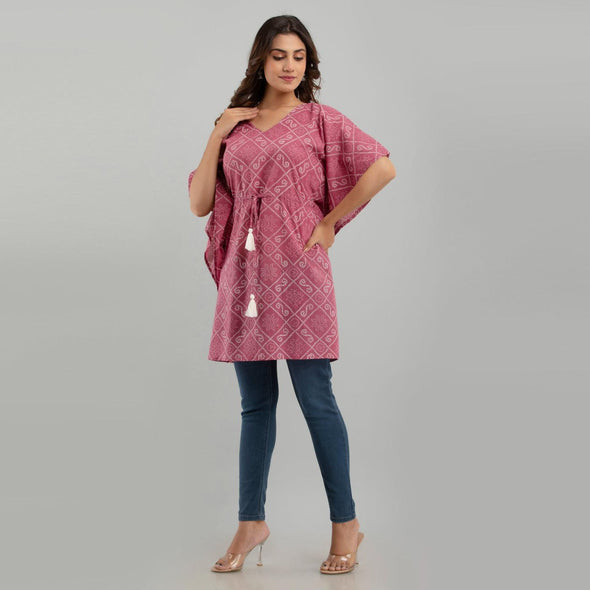 Purple Bandhani Print Cotton Kaftan Dress (SHKUP1234)