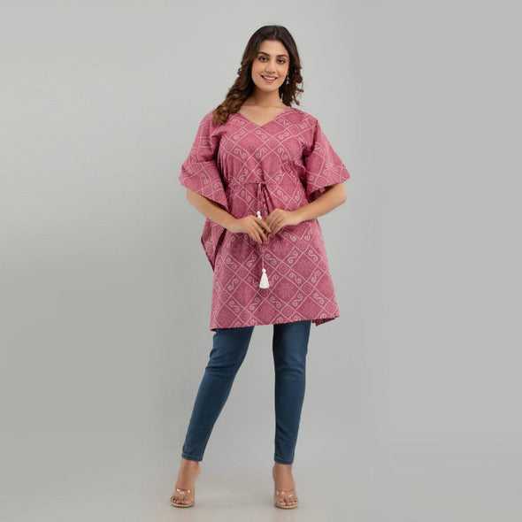 Purple Bandhani Print Cotton Kaftan Dress (SHKUP1234)