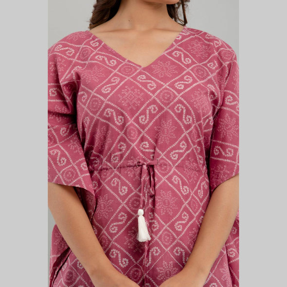 Purple Bandhani Print Cotton Kaftan Dress (SHKUP1234)