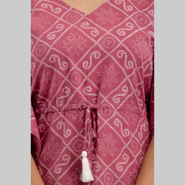 Purple Bandhani Print Cotton Kaftan Dress (SHKUP1234)