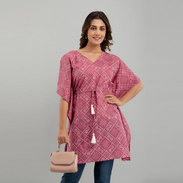 Purple Bandhani Print Cotton Kaftan Dress (SHKUP1234)