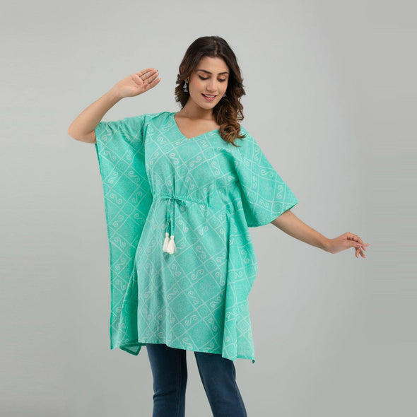 Light Blue Bandhani Print Cotton Kaftan Dress (SHKUP1235)