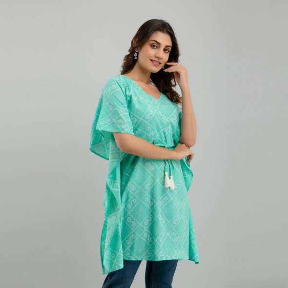 Light Blue Bandhani Print Cotton Kaftan Dress (SHKUP1235)
