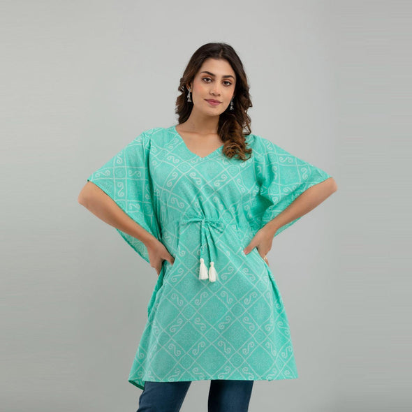 Light Blue Bandhani Print Cotton Kaftan Dress (SHKUP1235)