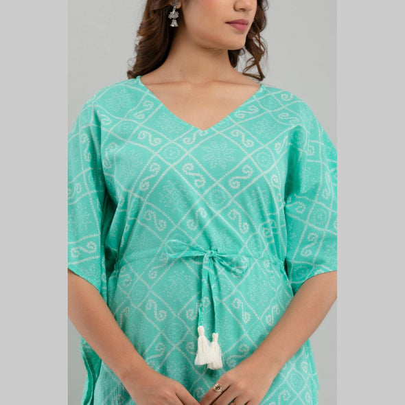 Light Blue Bandhani Print Cotton Kaftan Dress (SHKUP1235)