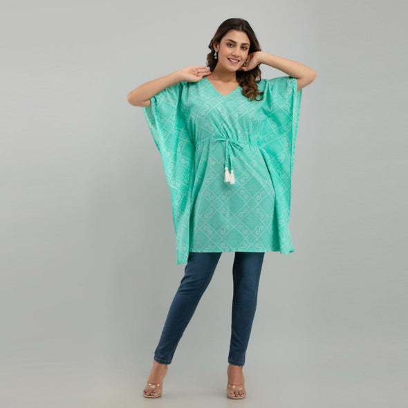 Light Blue Bandhani Print Cotton Kaftan Dress (SHKUP1235)