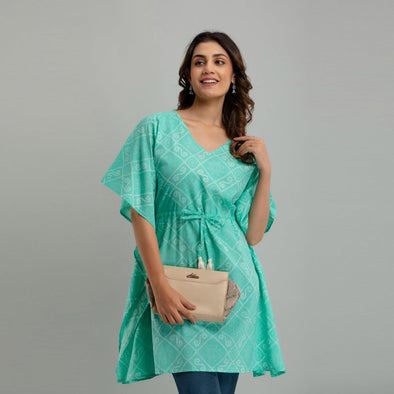Light Blue Bandhani Print Cotton Kaftan Dress (SHKUP1235) - Frionkandy