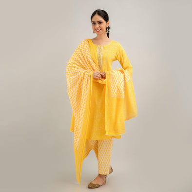 Yellow Floral Print with Yoke Design A-Line Kurta with Trousers & Dupatta