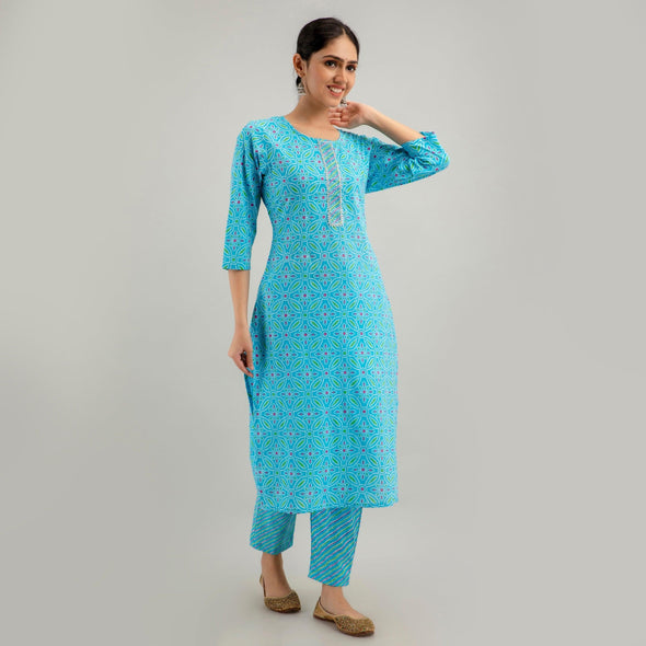 Sky Blue Bandhani Print with Yoke Design A-Line Kurta with Trousers & Dupatta - Frionkandy