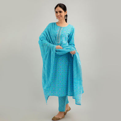 Sky Blue Bandhani Print with Yoke Design A-Line Kurta with Trousers & Dupatta