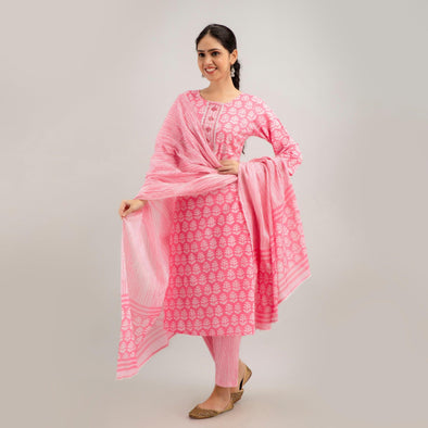 Pink Floral Print with Yoke Design A-Line Kurta with Trousers & Dupatta - Frionkandy