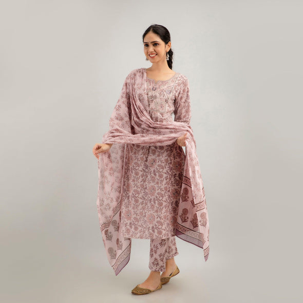 Purple Floral Print with Yoke Design A-Line Kurta with Trousers & Dupatta - Frionkandy