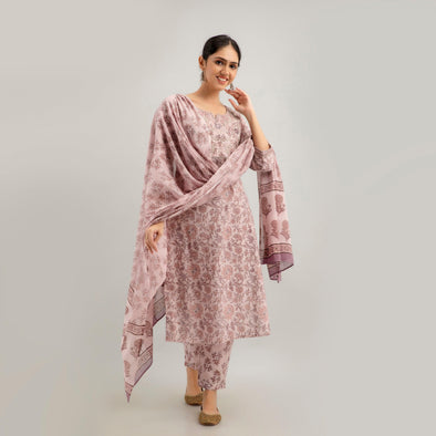 Purple Floral Print with Yoke Design A-Line Kurta with Trousers & Dupatta
