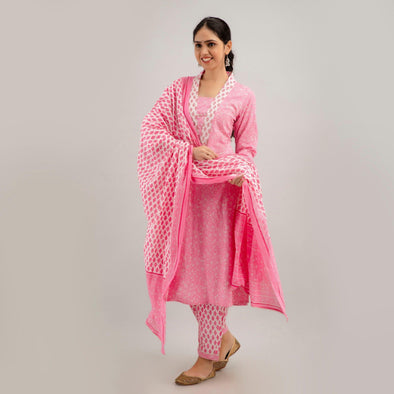 Pink Floral Print with Yoke Design Straight Kurta with Trousers & Dupatta