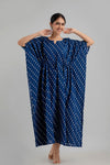 Blue Floral Print Pure Cotton Kaftan Maxi Ethnic Dress - SHKUP1242 - Frionkandy