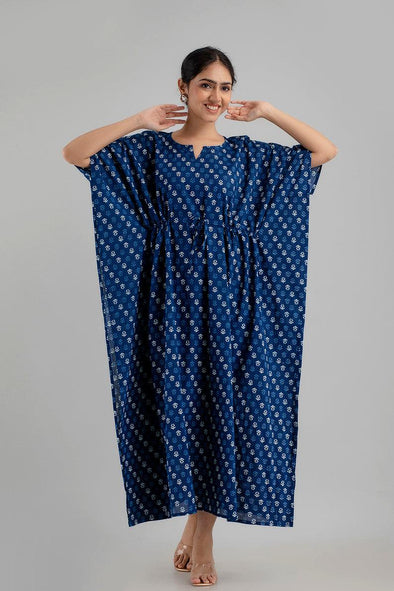 Blue Floral Print Pure Cotton Kaftan Maxi Ethnic Dress - SHKUP1242