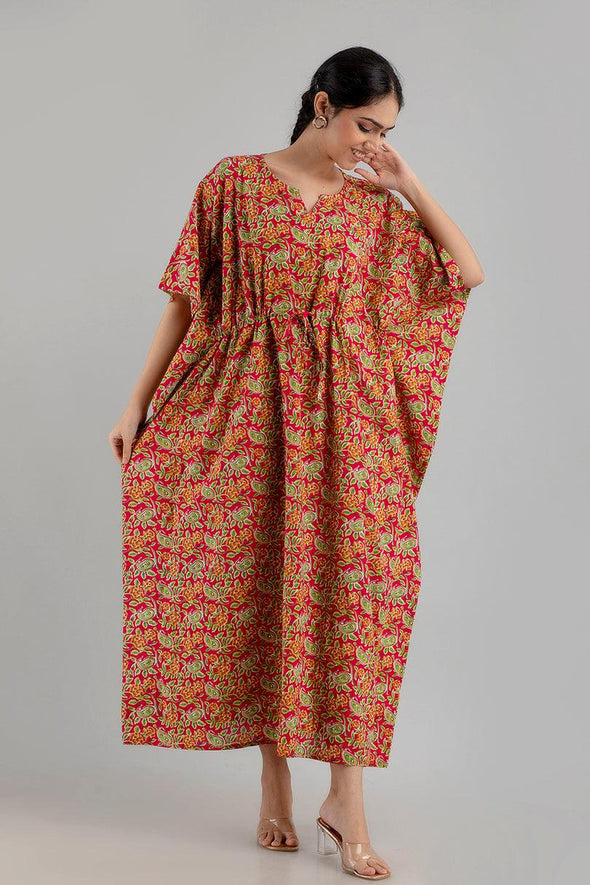Red Floral Print Pure Cotton Kaftan Maxi Ethnic Dress - SHKUP1243 - Frionkandy