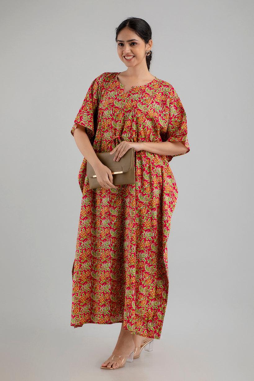 Red Floral Print Pure Cotton Kaftan Maxi Ethnic Dress - SHKUP1243 Frionkandy Red Floral Print Pure Cotton Kaftan Maxi Ethnic Dress - SHKUP1243 Frionkandy