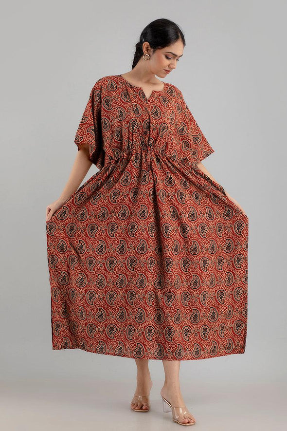 Maroon Floral Print Pure Cotton Kaftan Maxi Ethnic Dress - SHKUP1244 - Frionkandy