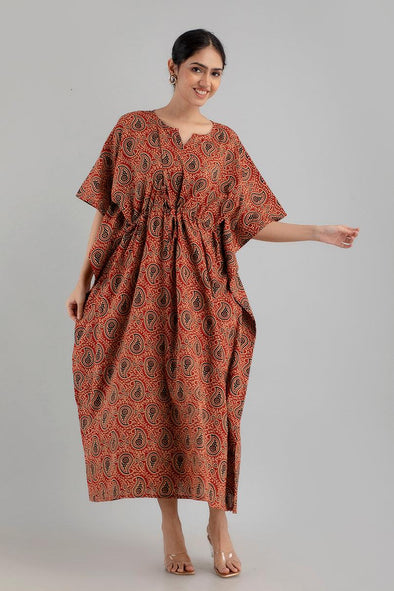Maroon Floral Print Pure Cotton Kaftan Maxi Ethnic Dress - SHKUP1244