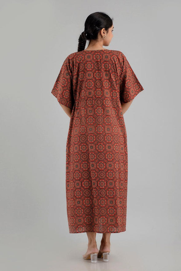 Maroon Floral Print Pure Cotton Kaftan Maxi Ethnic Dress - SHKUP1245 - Frionkandy