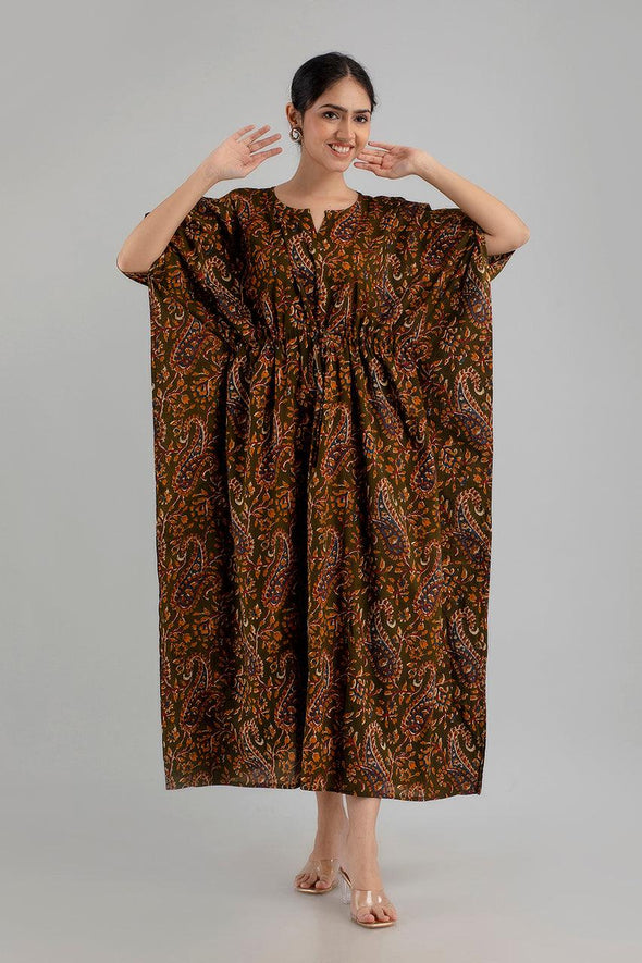 Dark Green Floral Print Pure Cotton Kaftan Maxi Ethnic Dress - SHKUP1246 - Frionkandy