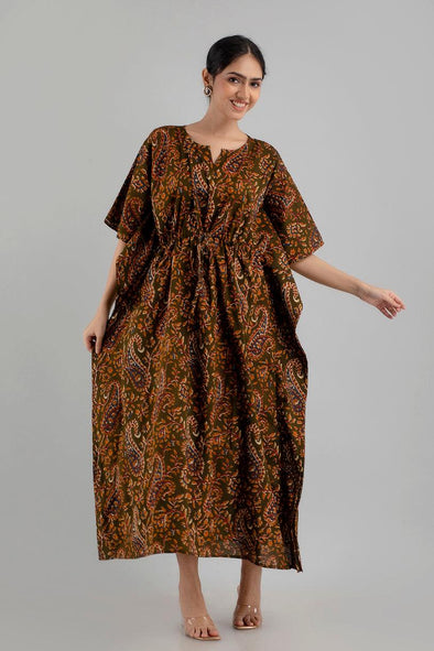Dark Green Floral Print Pure Cotton Kaftan Maxi Ethnic Dress - SHKUP1246