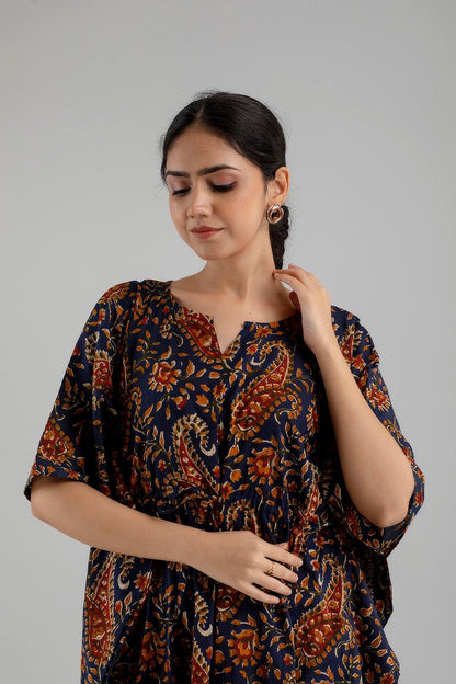 Dark Blue Floral Print Pure Cotton Kaftan Maxi Ethnic Dress - SHKUP1248 - Frionkandy