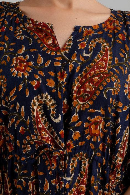 Dark Blue Floral Print Pure Cotton Kaftan Maxi Ethnic Dress - SHKUP1248 - Frionkandy
