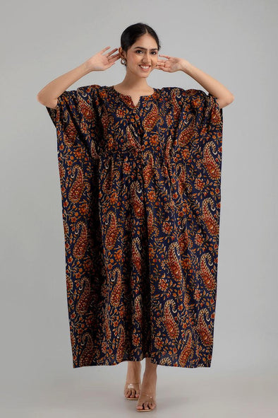 Dark Blue Floral Print Pure Cotton Kaftan Maxi Ethnic Dress - SHKUP1248