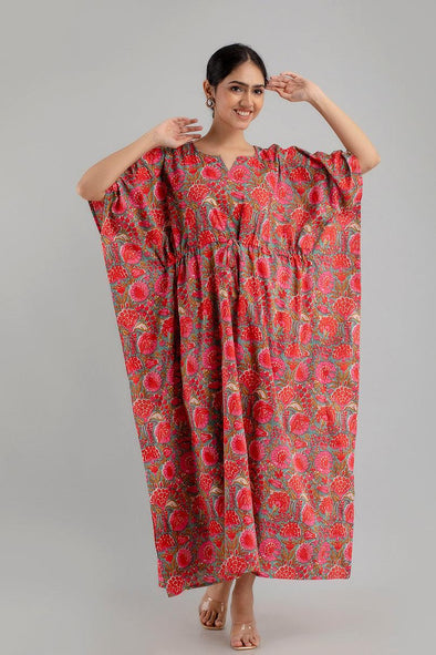 Pink Floral Print Pure Cotton Kaftan Maxi Ethnic Dress - SHKUP1249